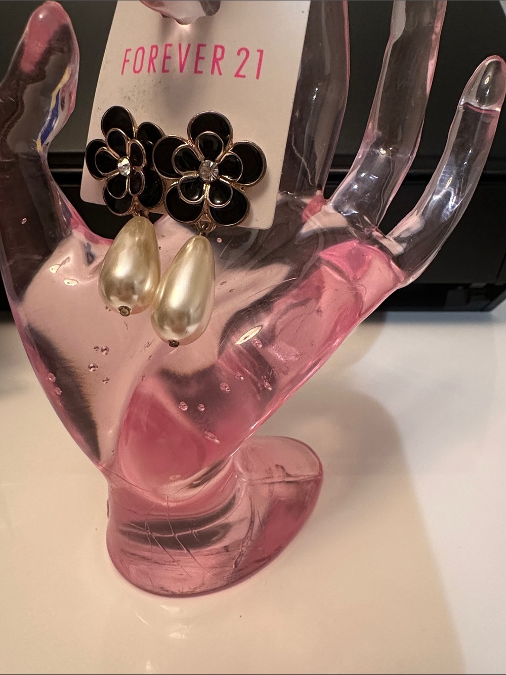 Forever 21 Black Flower Earrings with Pearl Drops, NIB